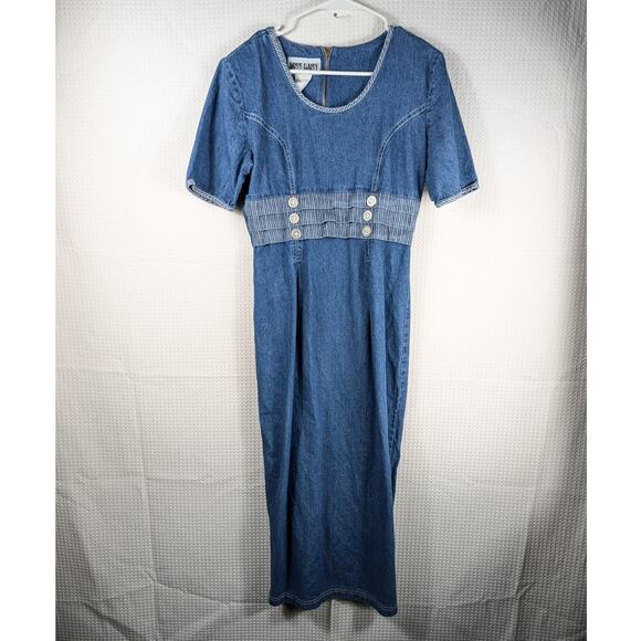 Miss Daisy 6 Made in USA Denim Dress Blue Button Waist 80s Vintage Cotton Midi - Picture 1 of 5